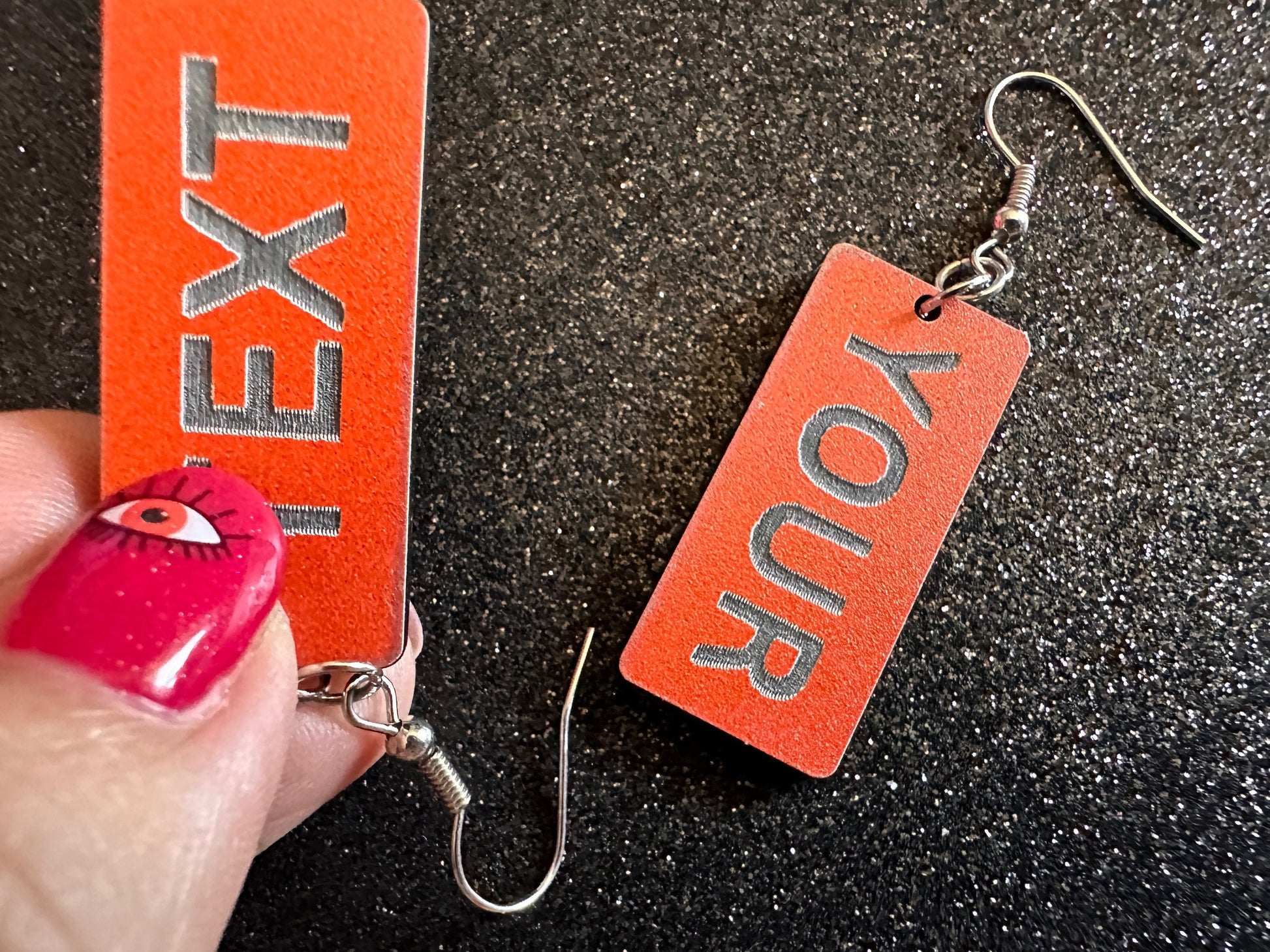 Custom Text Earrings: Laser Engraved Words, Orange with Black Text, Letters, Names, Teacher Gift, Anniversary, Best Gifts for Her/Him/Them