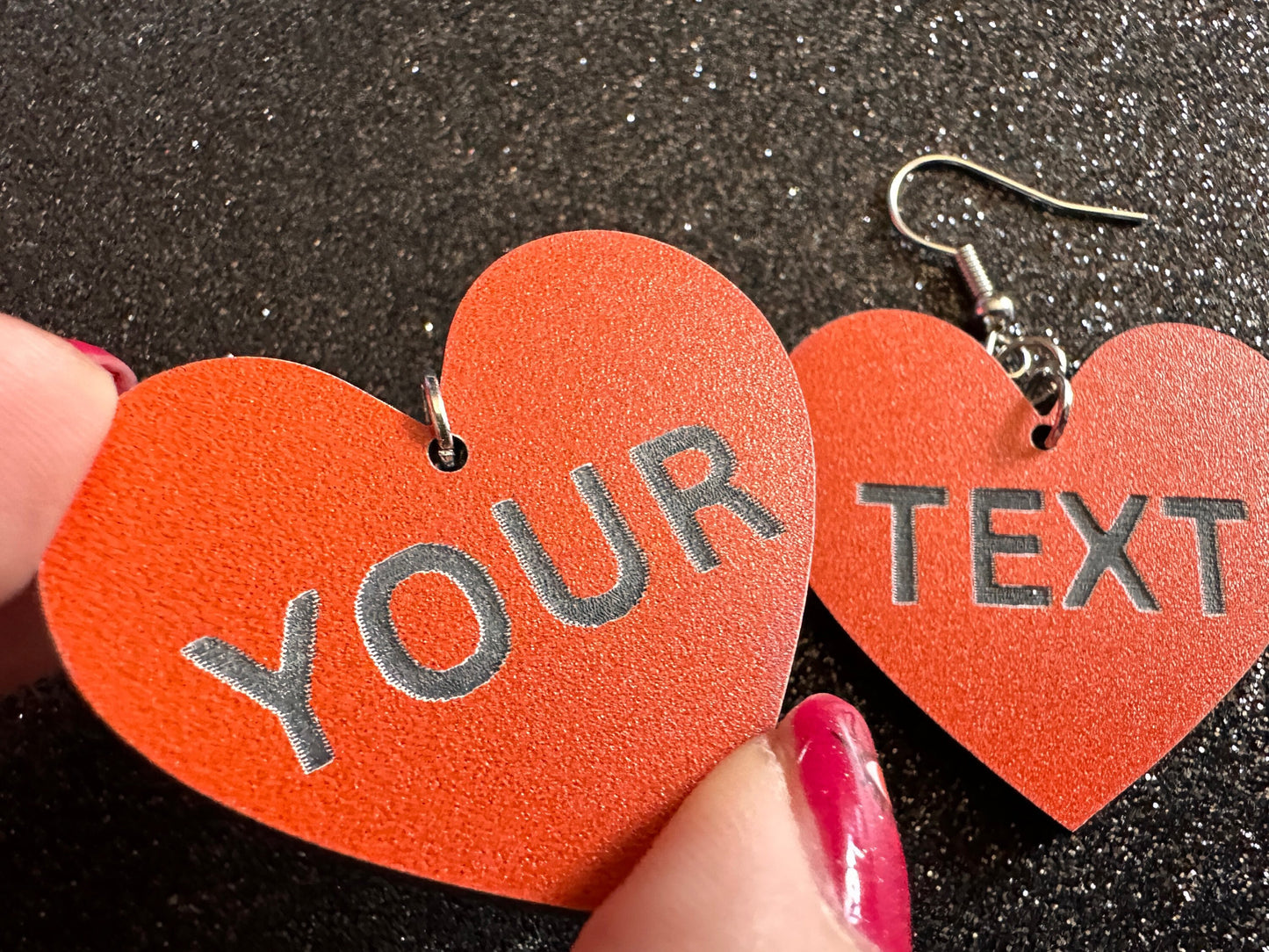Custom Text Earrings: Laser Engraved Words, Orange with Black Text, Letters, Names, Teacher Gift, Anniversary, Best Gifts for Her/Him/Them
