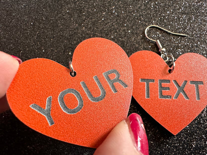 Custom Text Earrings: Laser Engraved Words, Orange with Black Text, Letters, Names, Teacher Gift, Anniversary, Best Gifts for Her/Him/Them