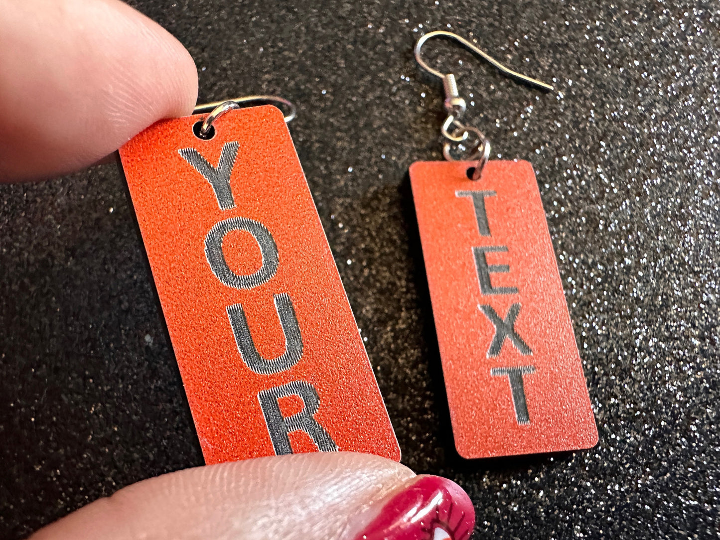Custom Text Earrings: Laser Engraved Words, Orange with Black Text, Letters, Names, Teacher Gift, Anniversary, Best Gifts for Her/Him/Them