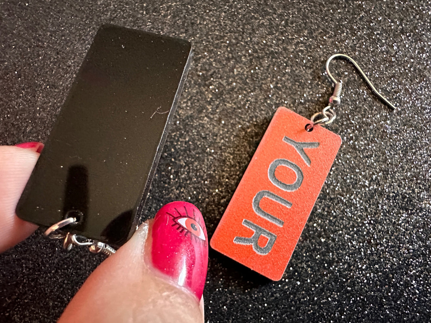 Custom Text Earrings: Laser Engraved Words, Orange with Black Text, Letters, Names, Teacher Gift, Anniversary, Best Gifts for Her/Him/Them