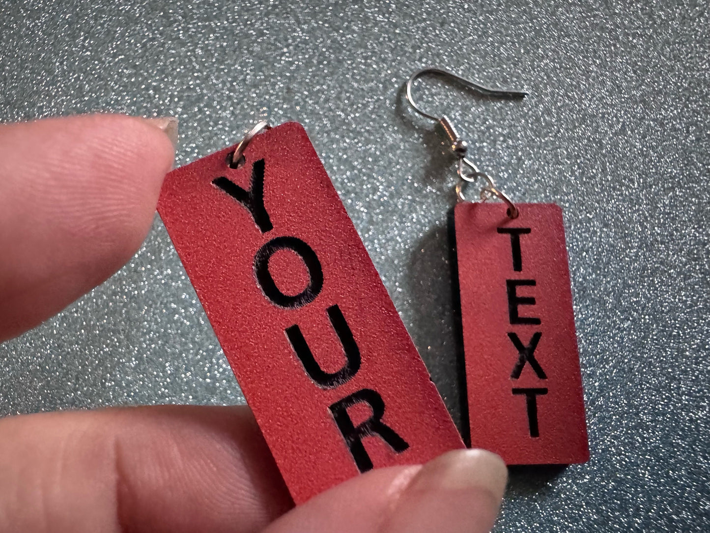 Custom Text Earrings: Laser Engraved Words, Orange with Black Text, Letters, Names, Teacher Gift, Anniversary, Best Gifts for Her/Him/Them