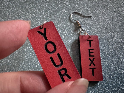 Custom Text Earrings: Laser Engraved Words, Orange with Black Text, Letters, Names, Teacher Gift, Anniversary, Best Gifts for Her/Him/Them