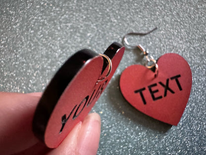 Custom Text Earrings: Laser Engraved Words, Orange with Black Text, Letters, Names, Teacher Gift, Anniversary, Best Gifts for Her/Him/Them