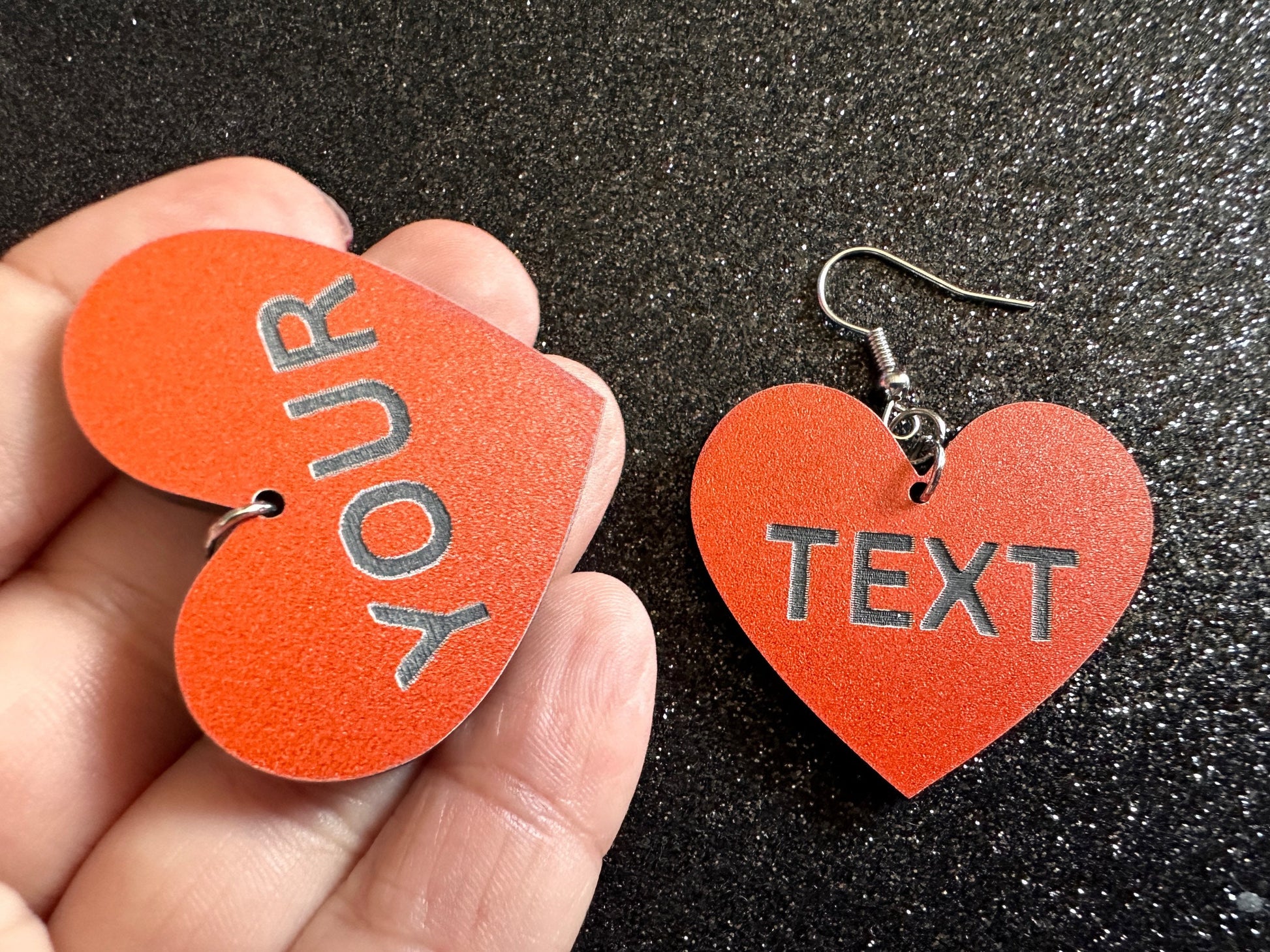 Custom Text Earrings: Laser Engraved Words, Orange with Black Text, Letters, Names, Teacher Gift, Anniversary, Best Gifts for Her/Him/Them