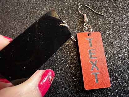 Custom Text Earrings: Laser Engraved Words, Orange with Black Text, Letters, Names, Teacher Gift, Anniversary, Best Gifts for Her/Him/Them