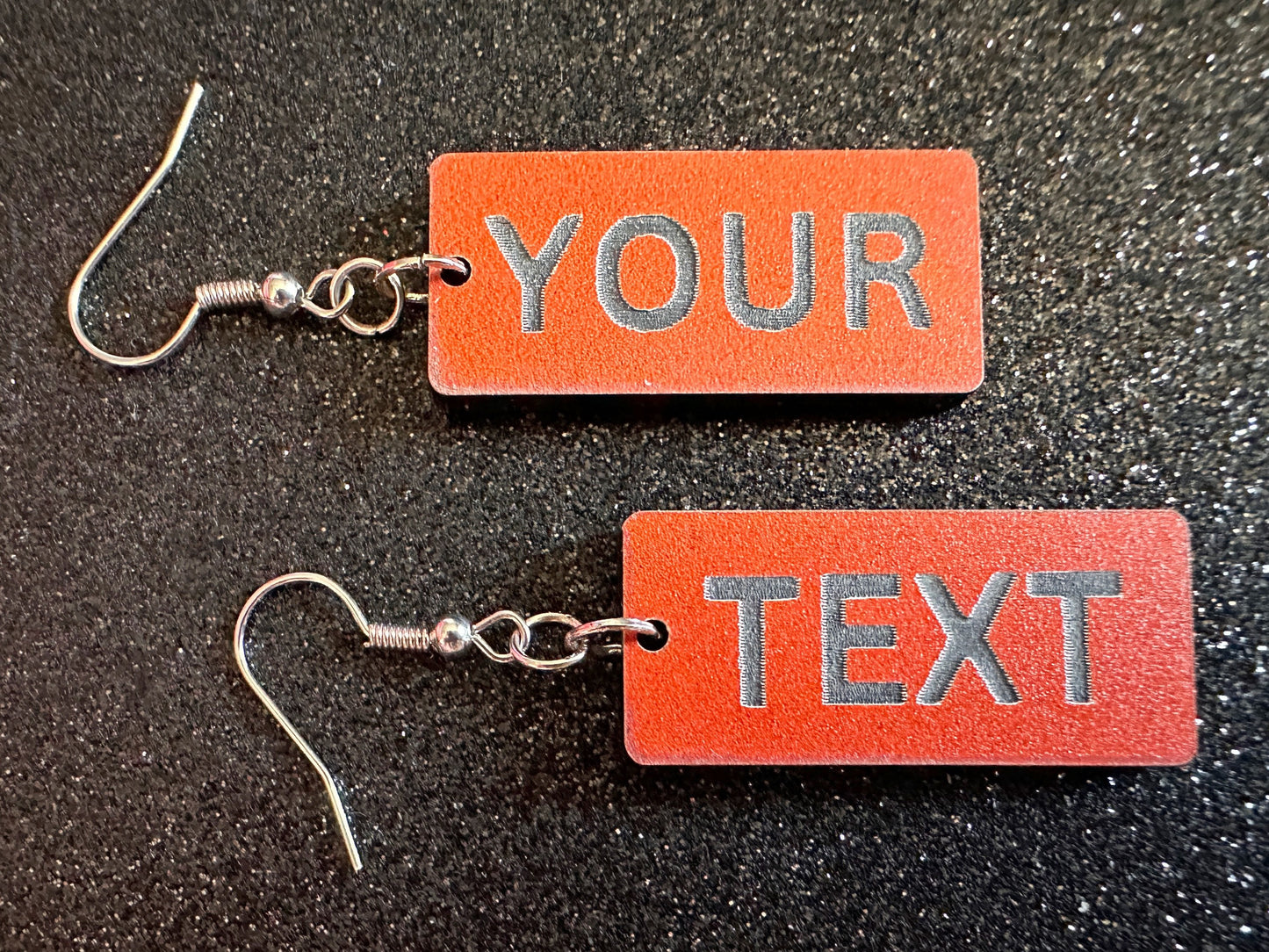 Custom Text Earrings: Laser Engraved Words, Orange with Black Text, Letters, Names, Teacher Gift, Anniversary, Best Gifts for Her/Him/Them