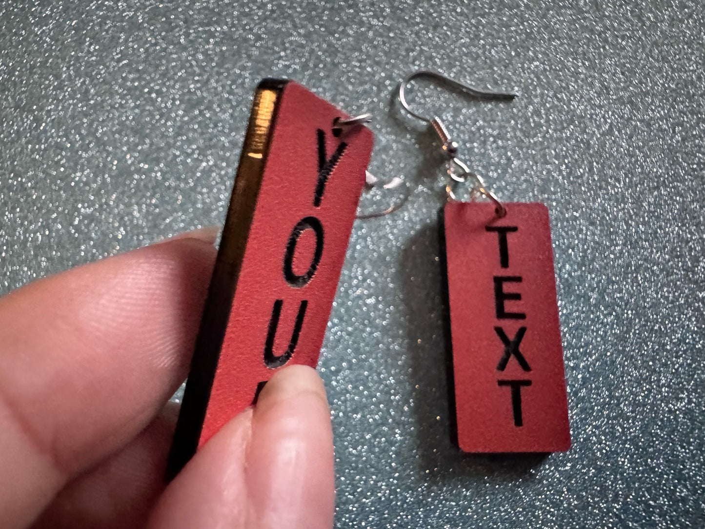 Custom Text Earrings: Laser Engraved Words, Orange with Black Text, Letters, Names, Teacher Gift, Anniversary, Best Gifts for Her/Him/Them