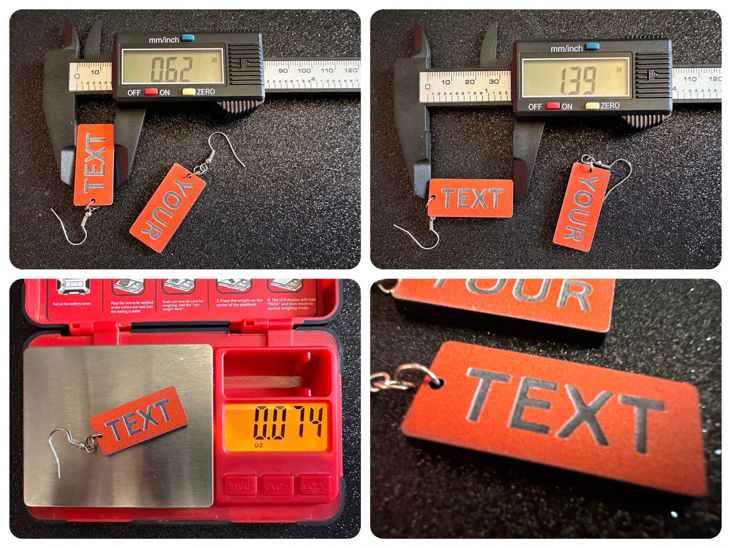 Custom Text Earrings: Laser Engraved Words, Orange with Black Text, Letters, Names, Teacher Gift, Anniversary, Best Gifts for Her/Him/Them