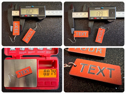 Custom Text Earrings: Laser Engraved Words, Orange with Black Text, Letters, Names, Teacher Gift, Anniversary, Best Gifts for Her/Him/Them