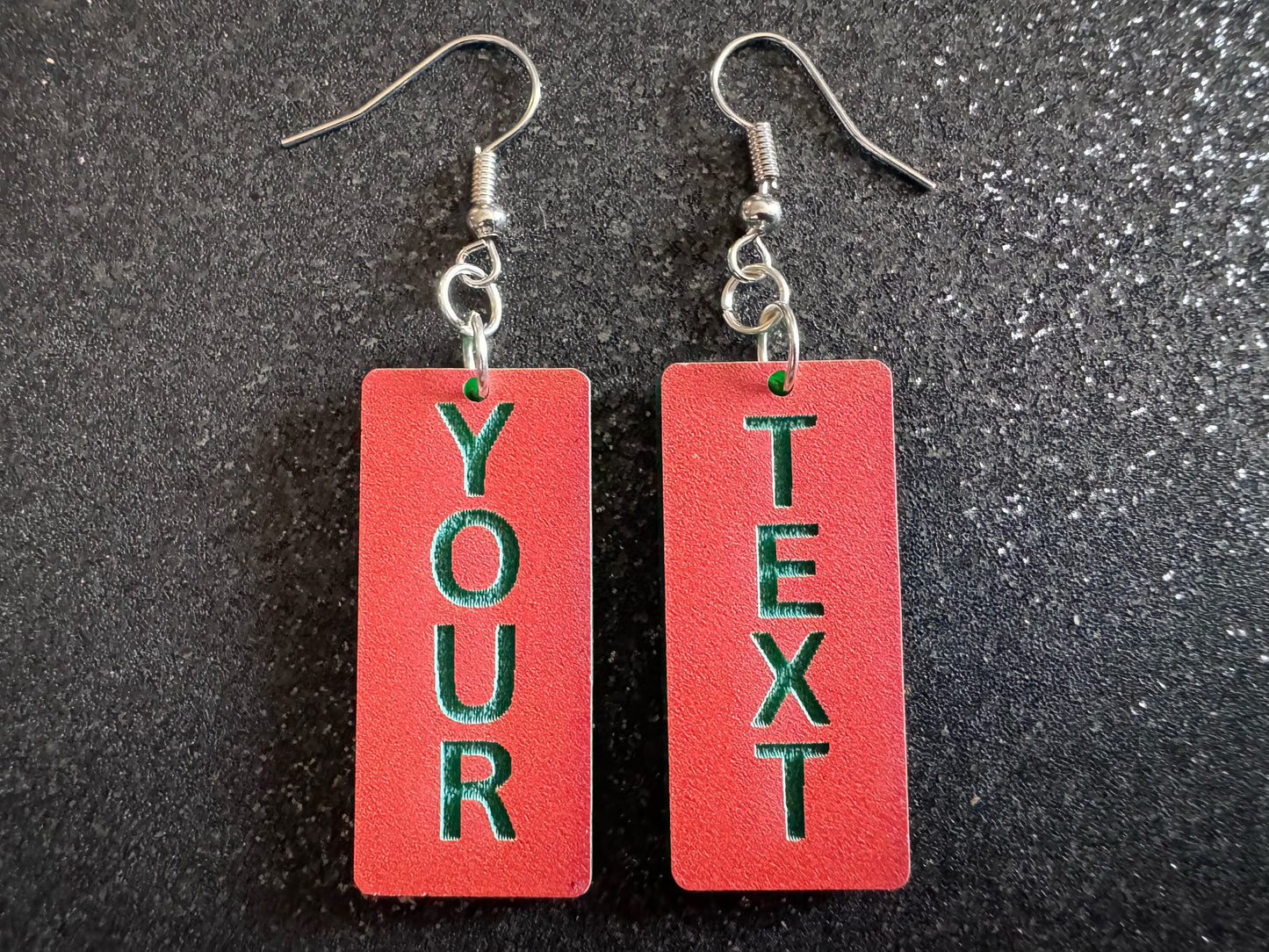 Custom Text Earrings: Laser Engraved Words, Orange with Green Text, Letters, Names, Teacher Gift, Anniversary, Best Gifts for Her/Him/Them