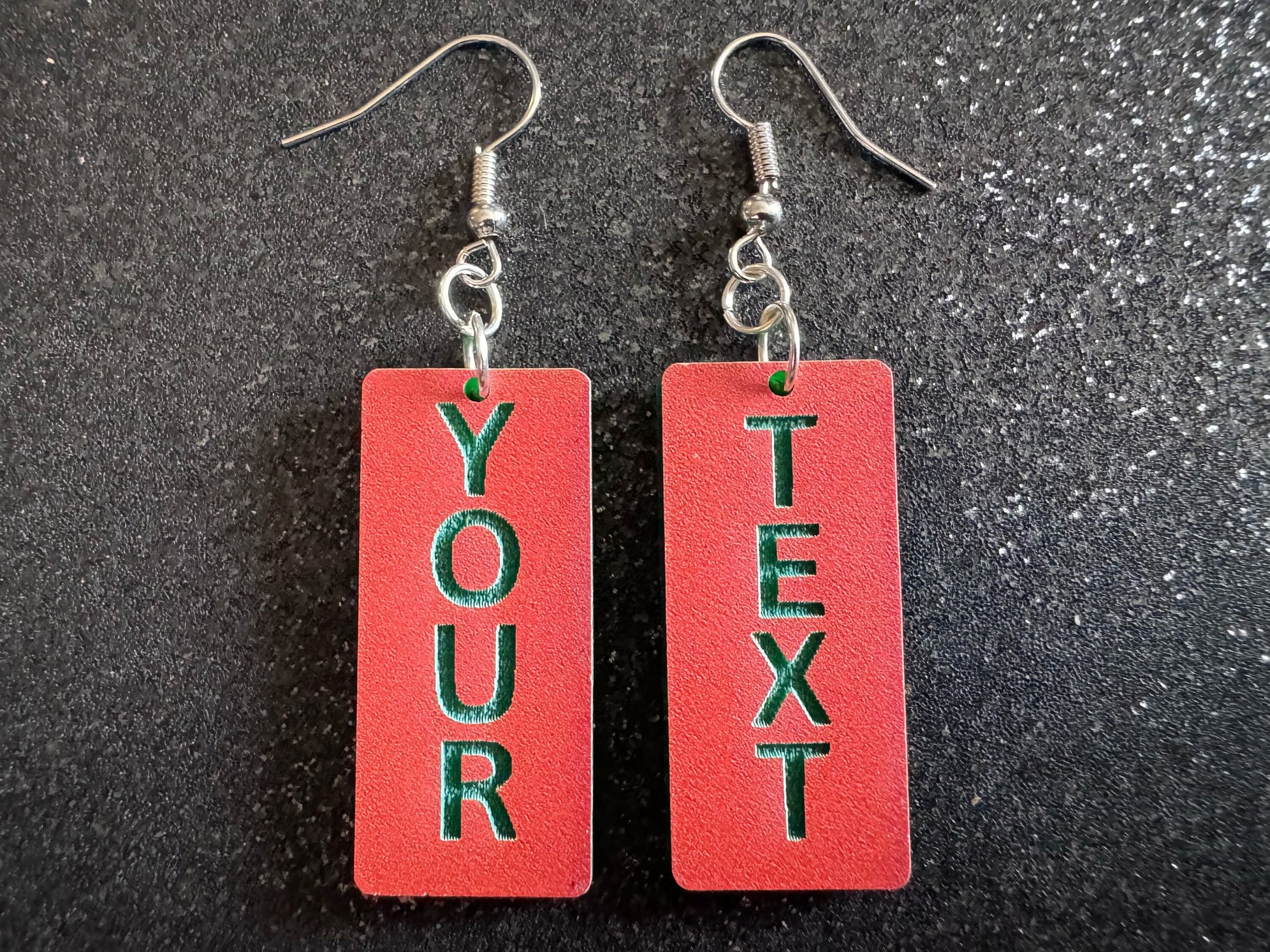 Custom Text Earrings: Laser Engraved Words, Orange with Green Text, Letters, Names, Teacher Gift, Anniversary, Best Gifts for Her/Him/Them