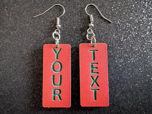 Custom Text Earrings: Laser Engraved Words, Orange with Green Text, Letters, Names, Teacher Gift, Anniversary, Best Gifts for Her/Him/Them