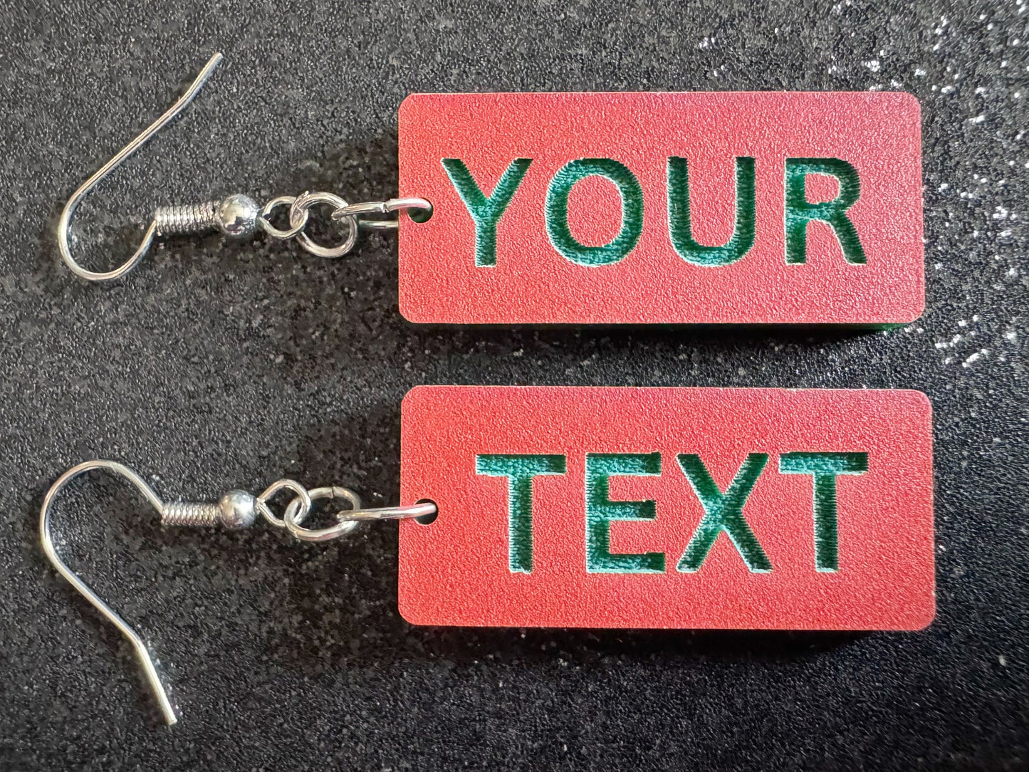 Custom Text Earrings: Laser Engraved Words, Orange with Green Text, Letters, Names, Teacher Gift, Anniversary, Best Gifts for Her/Him/Them