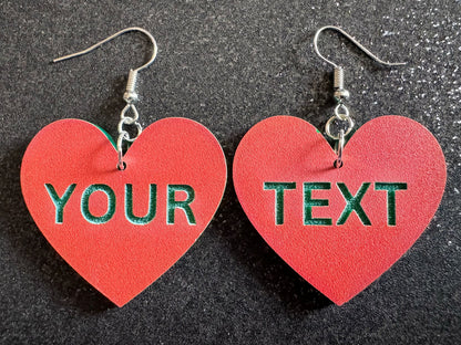 Custom Text Earrings: Laser Engraved Words, Orange with Green Text, Letters, Names, Teacher Gift, Anniversary, Best Gifts for Her/Him/Them