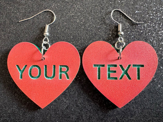 Custom Text Earrings: Laser Engraved Words, Orange with Green Text, Letters, Names, Teacher Gift, Anniversary, Best Gifts for Her/Him/Them