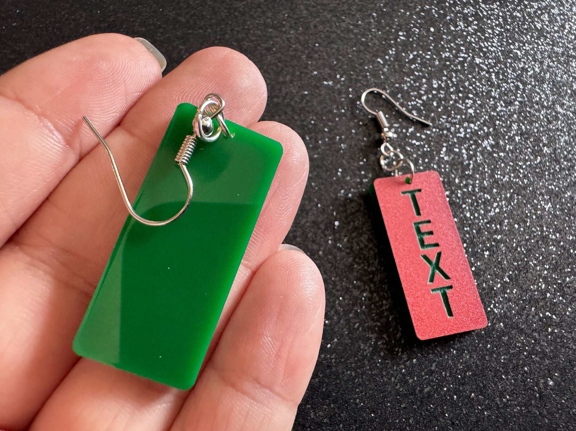 Custom Text Earrings: Laser Engraved Words, Orange with Green Text, Letters, Names, Teacher Gift, Anniversary, Best Gifts for Her/Him/Them