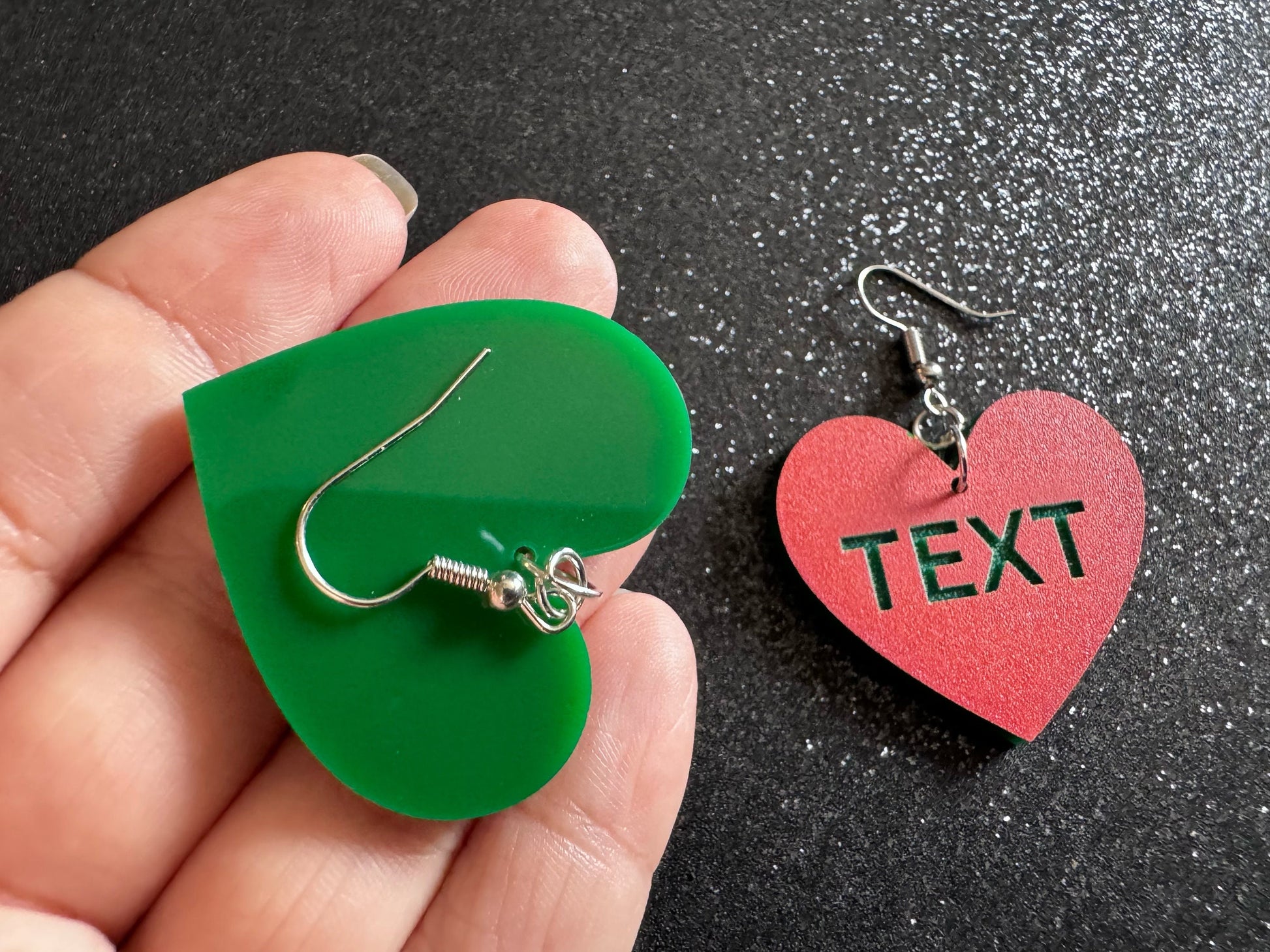 Custom Text Earrings: Laser Engraved Words, Orange with Green Text, Letters, Names, Teacher Gift, Anniversary, Best Gifts for Her/Him/Them