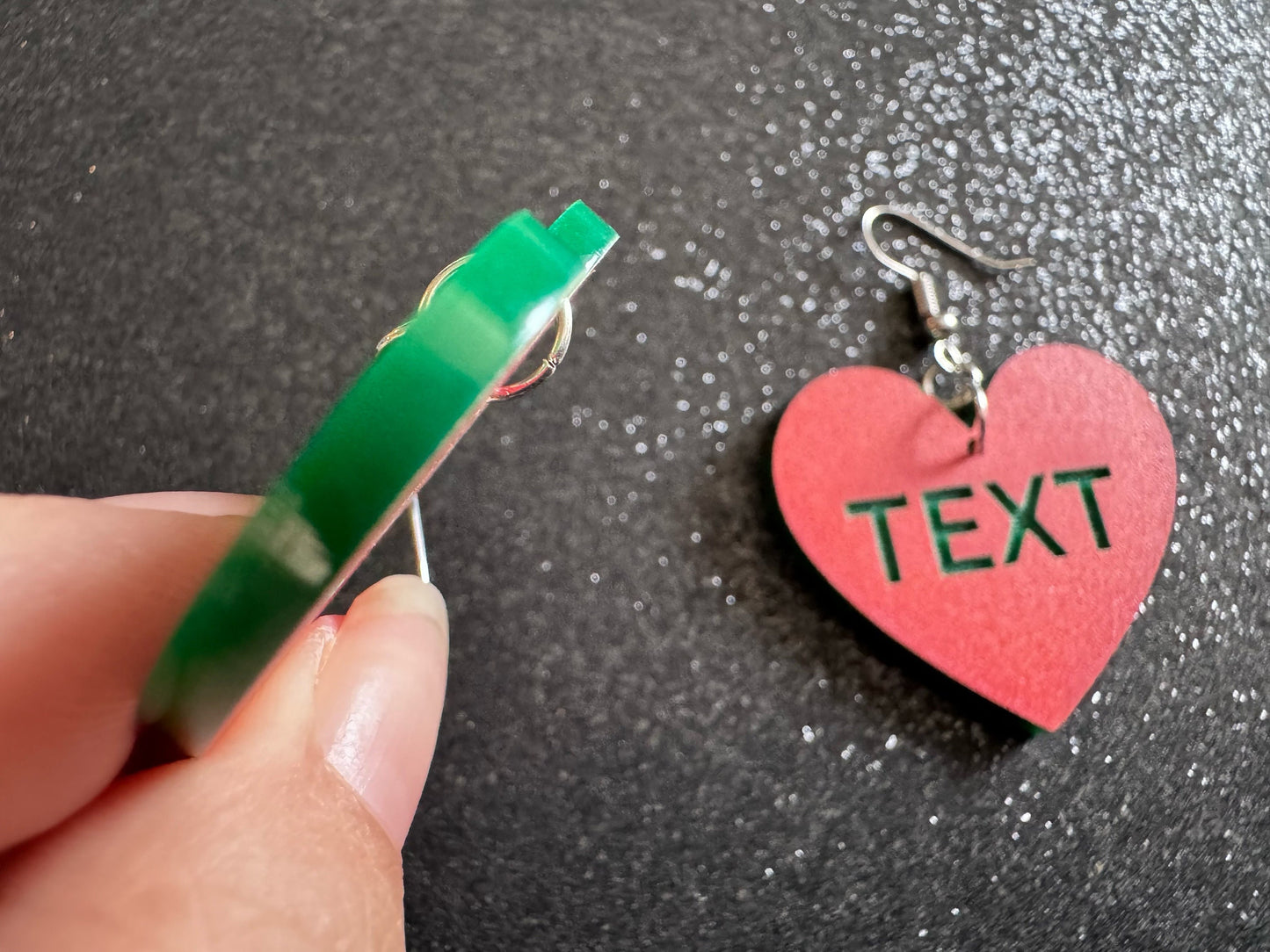 Custom Text Earrings: Laser Engraved Words, Orange with Green Text, Letters, Names, Teacher Gift, Anniversary, Best Gifts for Her/Him/Them