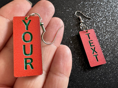 Custom Text Earrings: Laser Engraved Words, Orange with Green Text, Letters, Names, Teacher Gift, Anniversary, Best Gifts for Her/Him/Them