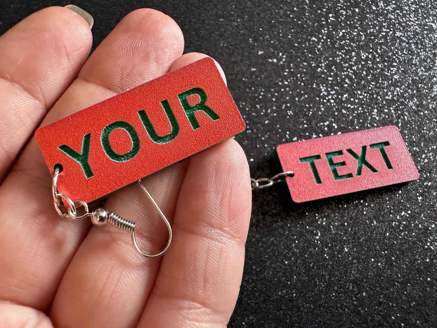 Custom Text Earrings: Laser Engraved Words, Orange with Green Text, Letters, Names, Teacher Gift, Anniversary, Best Gifts for Her/Him/Them