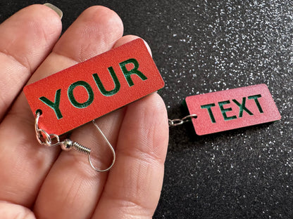 Custom Text Earrings: Laser Engraved Words, Orange with Green Text, Letters, Names, Teacher Gift, Anniversary, Best Gifts for Her/Him/Them