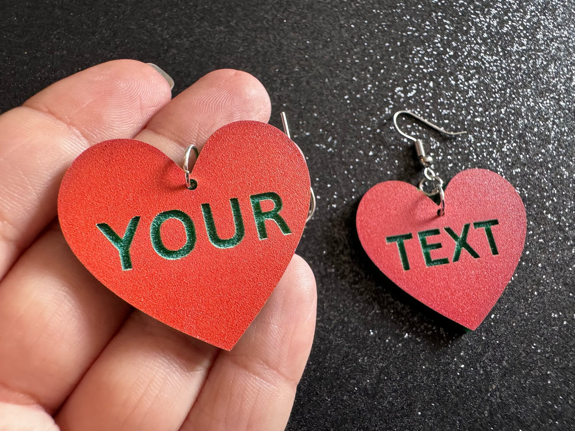 Custom Text Earrings: Laser Engraved Words, Orange with Green Text, Letters, Names, Teacher Gift, Anniversary, Best Gifts for Her/Him/Them