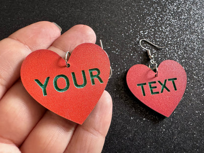 Custom Text Earrings: Laser Engraved Words, Orange with Green Text, Letters, Names, Teacher Gift, Anniversary, Best Gifts for Her/Him/Them