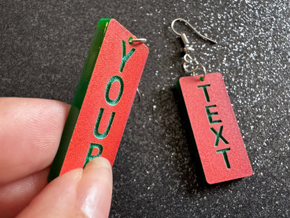 Custom Text Earrings: Laser Engraved Words, Orange with Green Text, Letters, Names, Teacher Gift, Anniversary, Best Gifts for Her/Him/Them