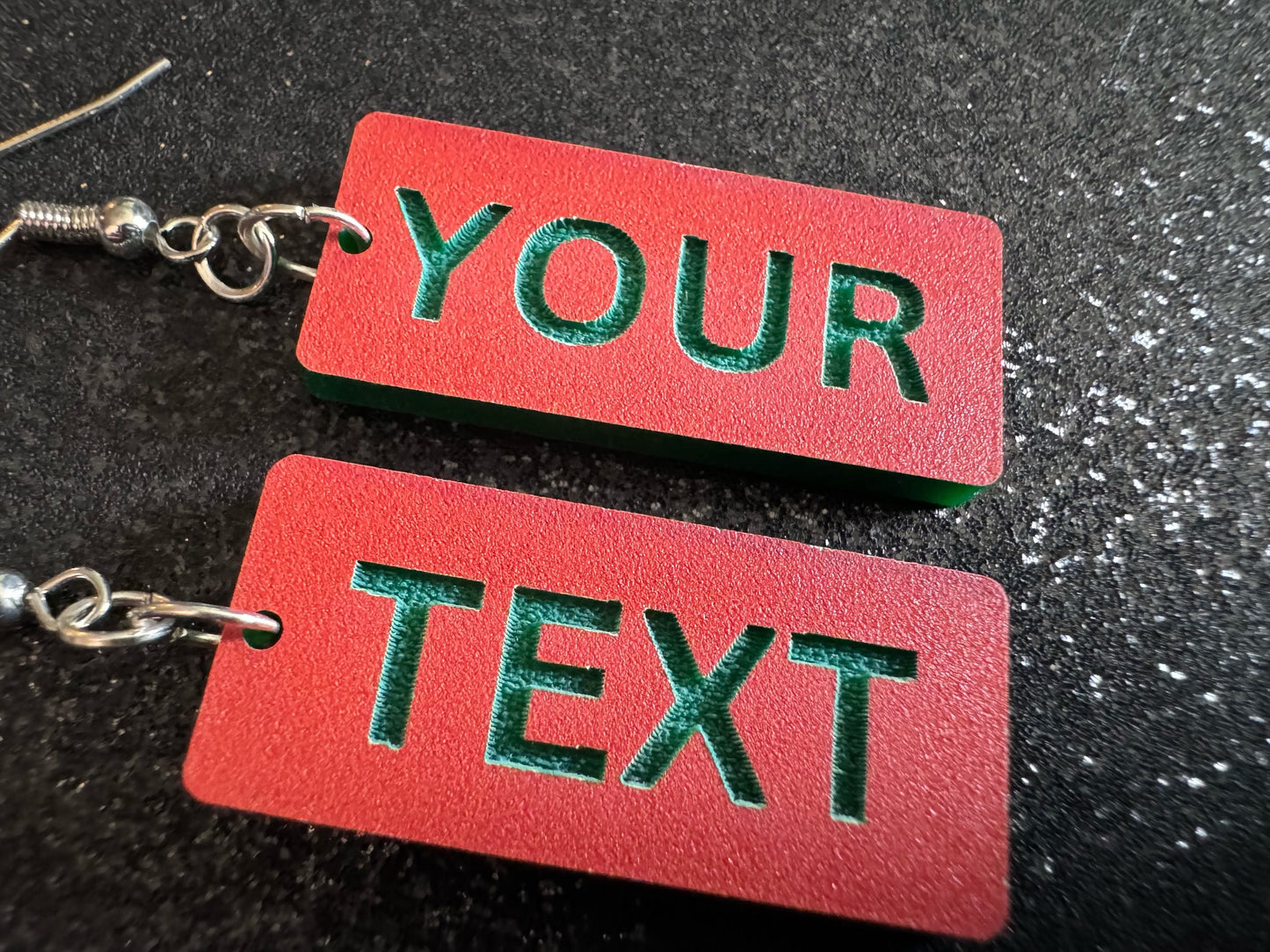 Custom Text Earrings: Laser Engraved Words, Orange with Green Text, Letters, Names, Teacher Gift, Anniversary, Best Gifts for Her/Him/Them