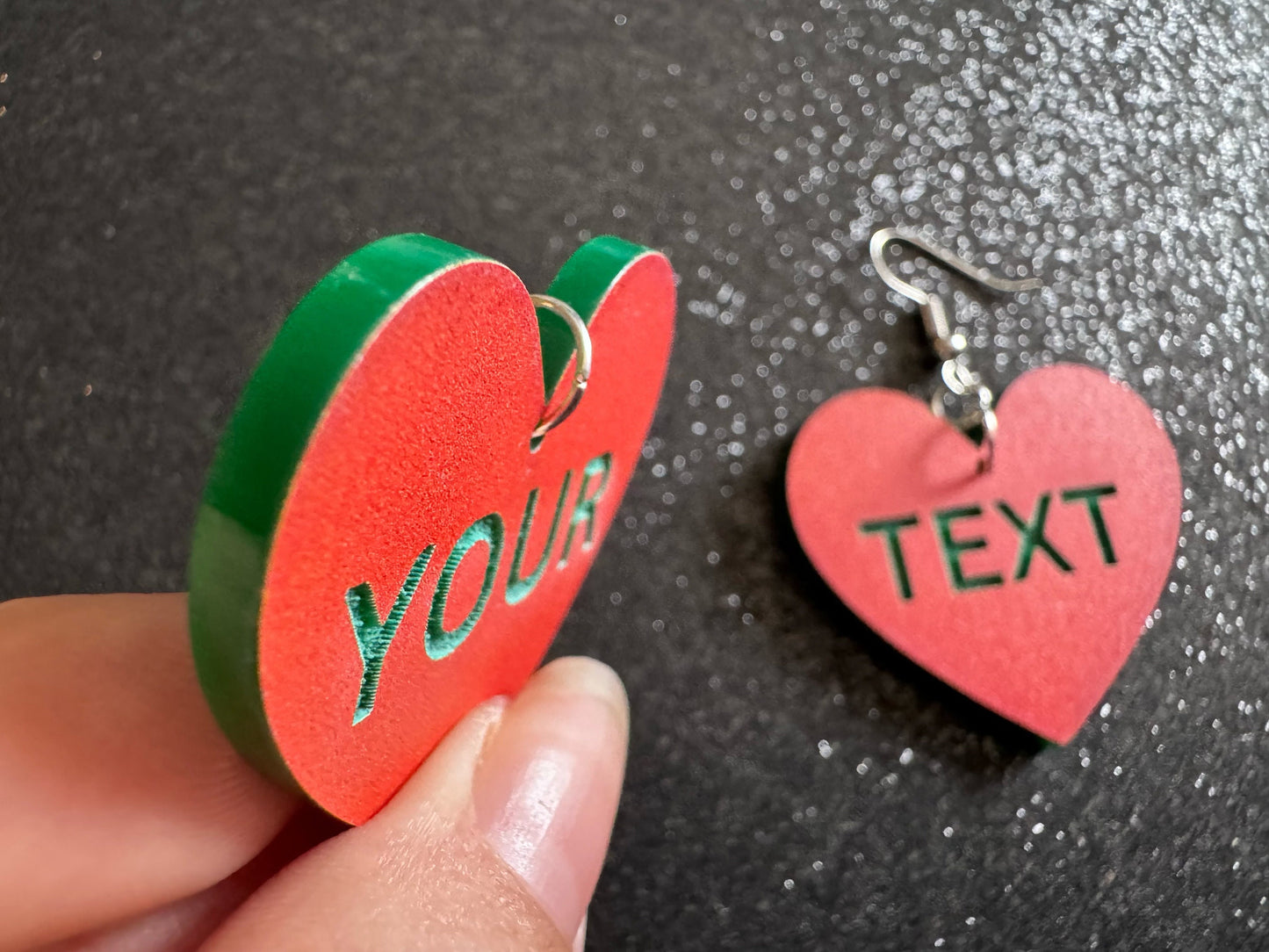 Custom Text Earrings: Laser Engraved Words, Orange with Green Text, Letters, Names, Teacher Gift, Anniversary, Best Gifts for Her/Him/Them