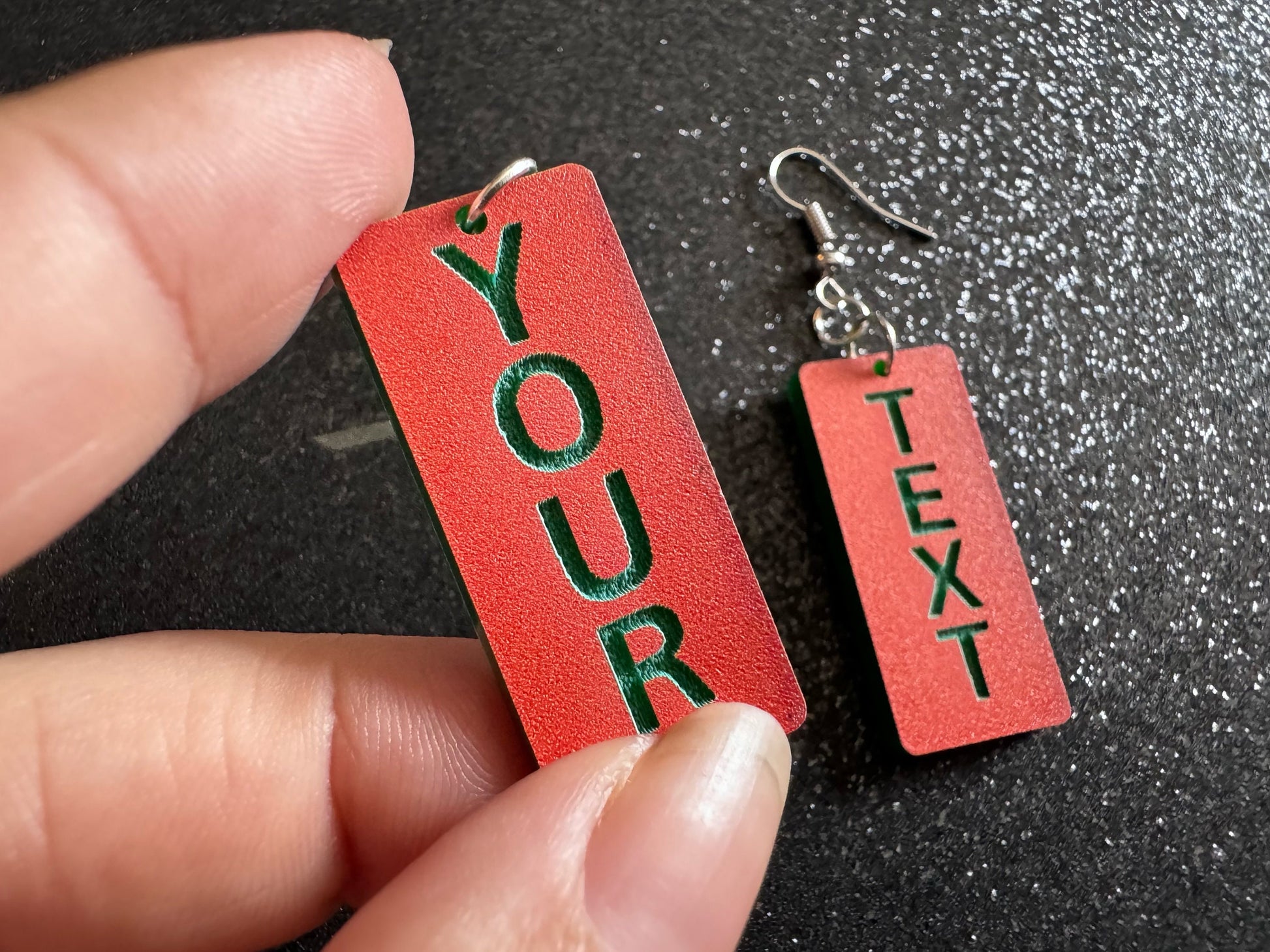 Custom Text Earrings: Laser Engraved Words, Orange with Green Text, Letters, Names, Teacher Gift, Anniversary, Best Gifts for Her/Him/Them