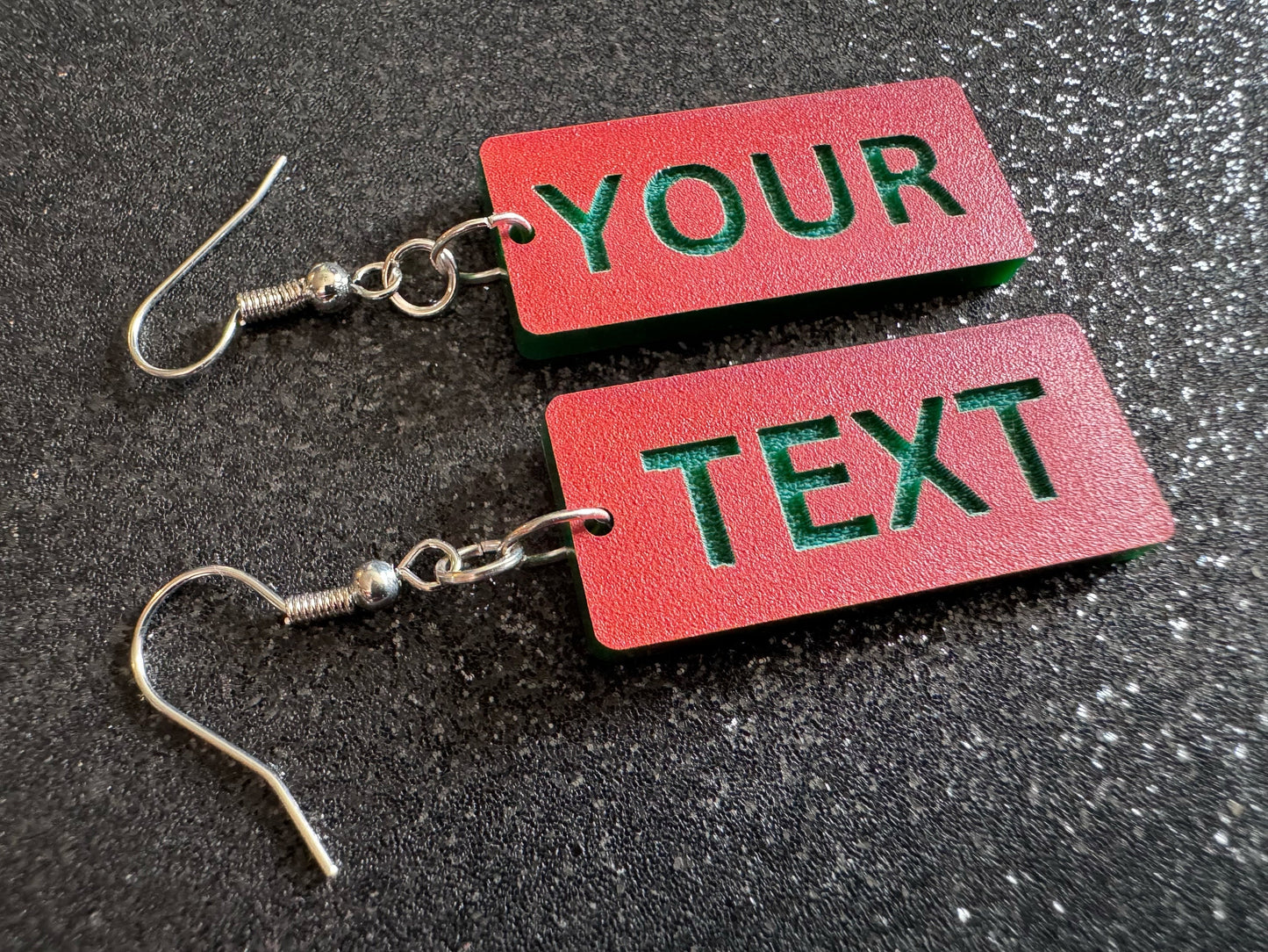 Custom Text Earrings: Laser Engraved Words, Orange with Green Text, Letters, Names, Teacher Gift, Anniversary, Best Gifts for Her/Him/Them