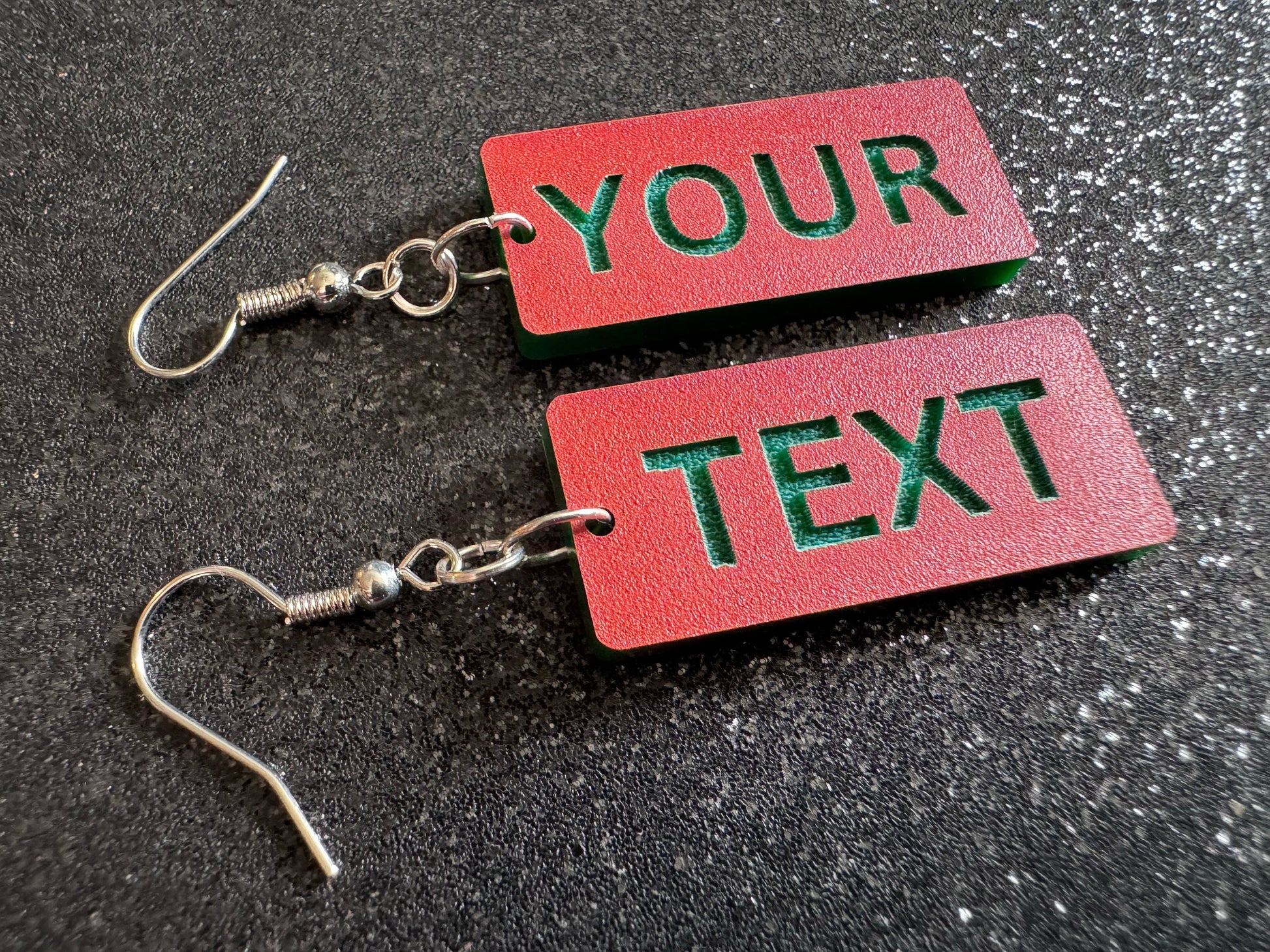 Custom Text Earrings: Laser Engraved Words, Orange with Green Text, Letters, Names, Teacher Gift, Anniversary, Best Gifts for Her/Him/Them