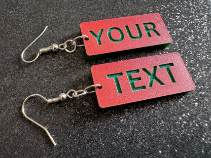 Custom Text Earrings: Laser Engraved Words, Orange with Green Text, Letters, Names, Teacher Gift, Anniversary, Best Gifts for Her/Him/Them