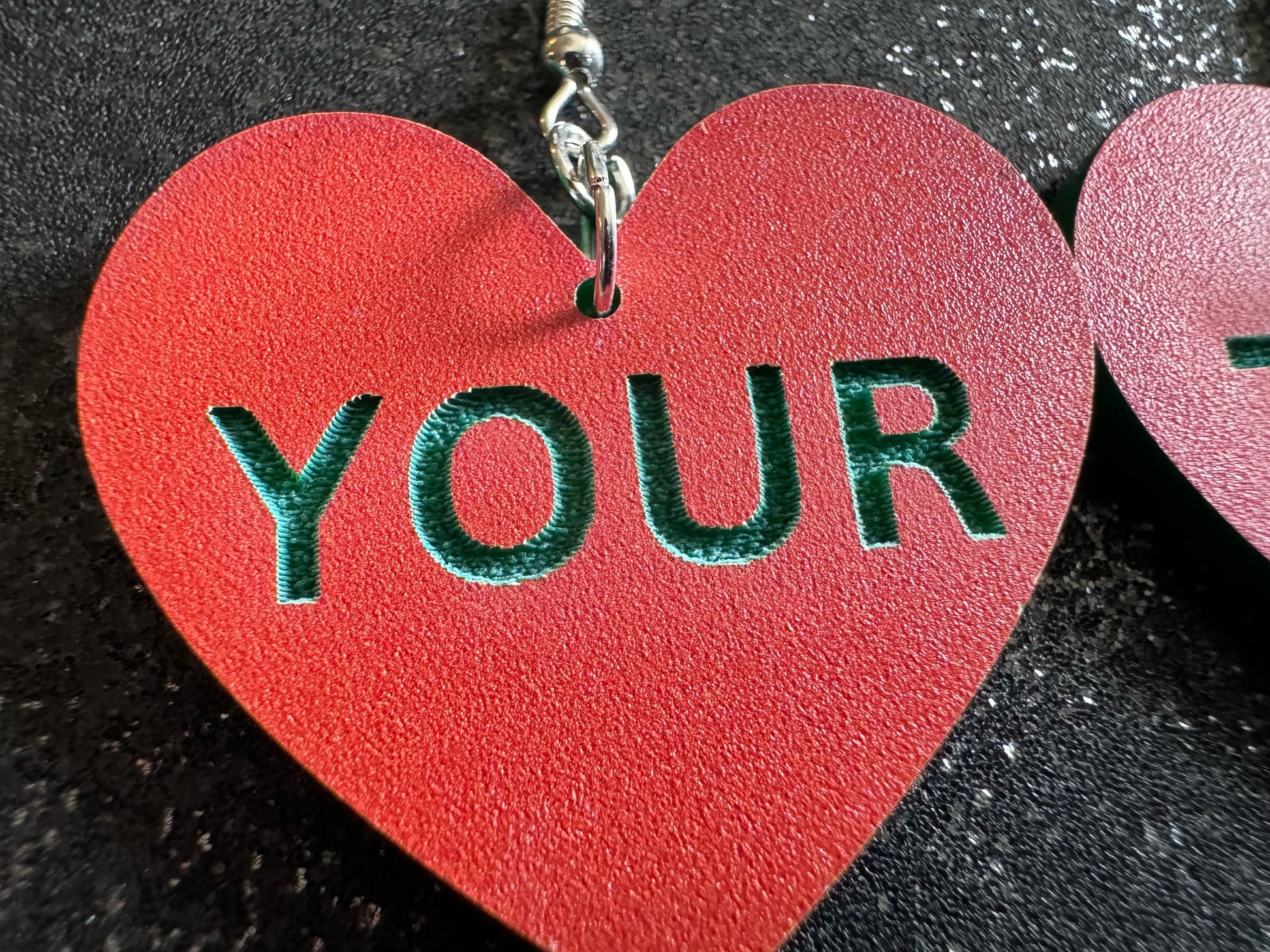 Custom Text Earrings: Laser Engraved Words, Orange with Green Text, Letters, Names, Teacher Gift, Anniversary, Best Gifts for Her/Him/Them