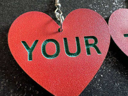 Custom Text Earrings: Laser Engraved Words, Orange with Green Text, Letters, Names, Teacher Gift, Anniversary, Best Gifts for Her/Him/Them