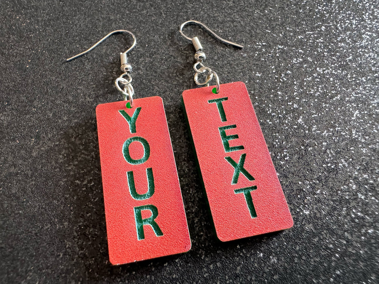 Custom Text Earrings: Laser Engraved Words, Orange with Green Text, Letters, Names, Teacher Gift, Anniversary, Best Gifts for Her/Him/Them