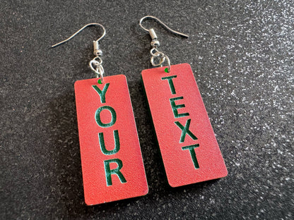 Custom Text Earrings: Laser Engraved Words, Orange with Green Text, Letters, Names, Teacher Gift, Anniversary, Best Gifts for Her/Him/Them