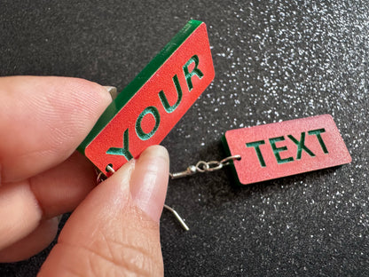 Custom Text Earrings: Laser Engraved Words, Orange with Green Text, Letters, Names, Teacher Gift, Anniversary, Best Gifts for Her/Him/Them