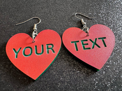 Custom Text Earrings: Laser Engraved Words, Orange with Green Text, Letters, Names, Teacher Gift, Anniversary, Best Gifts for Her/Him/Them