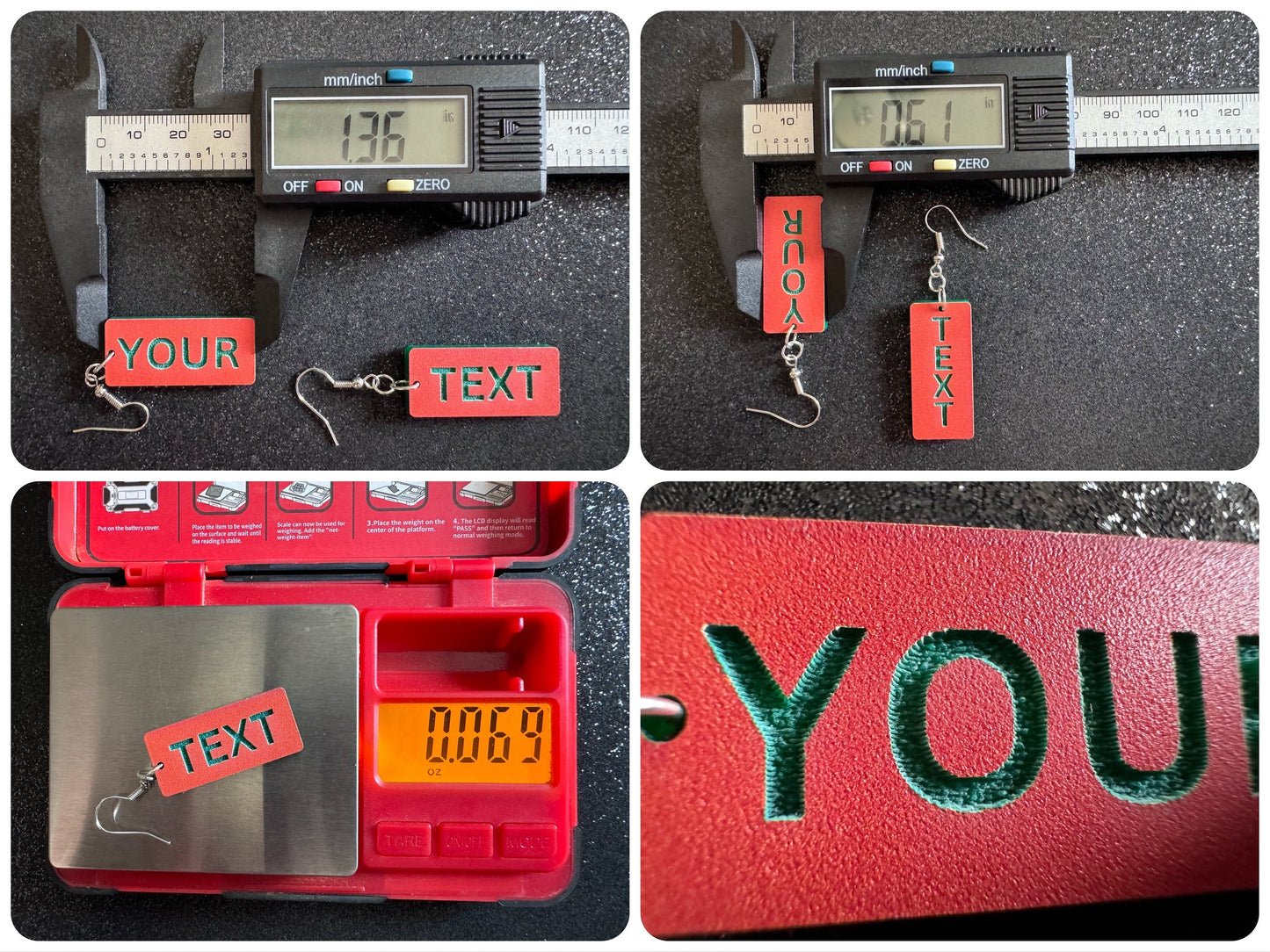 Custom Text Earrings: Laser Engraved Words, Orange with Green Text, Letters, Names, Teacher Gift, Anniversary, Best Gifts for Her/Him/Them