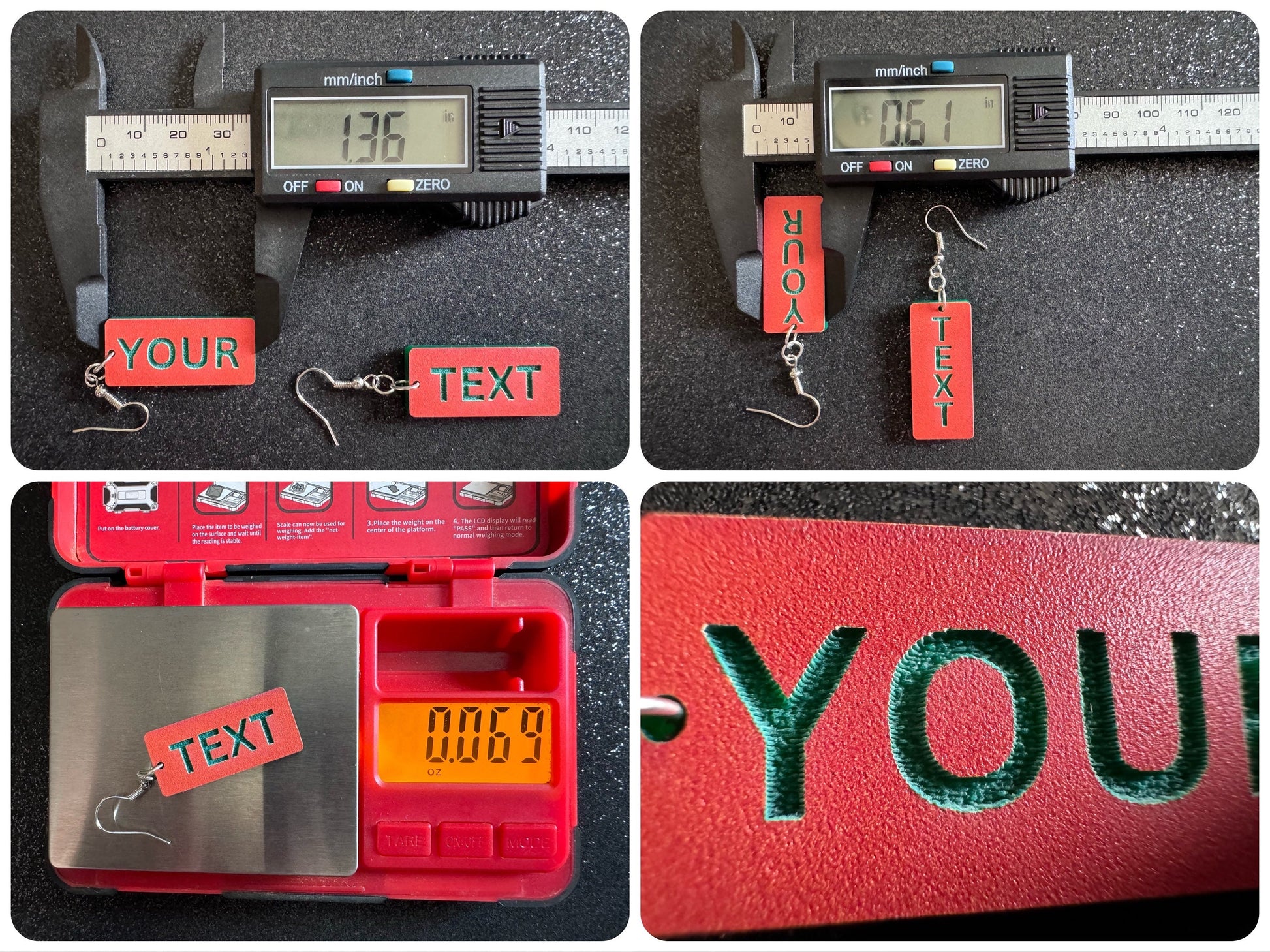 Custom Text Earrings: Laser Engraved Words, Orange with Green Text, Letters, Names, Teacher Gift, Anniversary, Best Gifts for Her/Him/Them