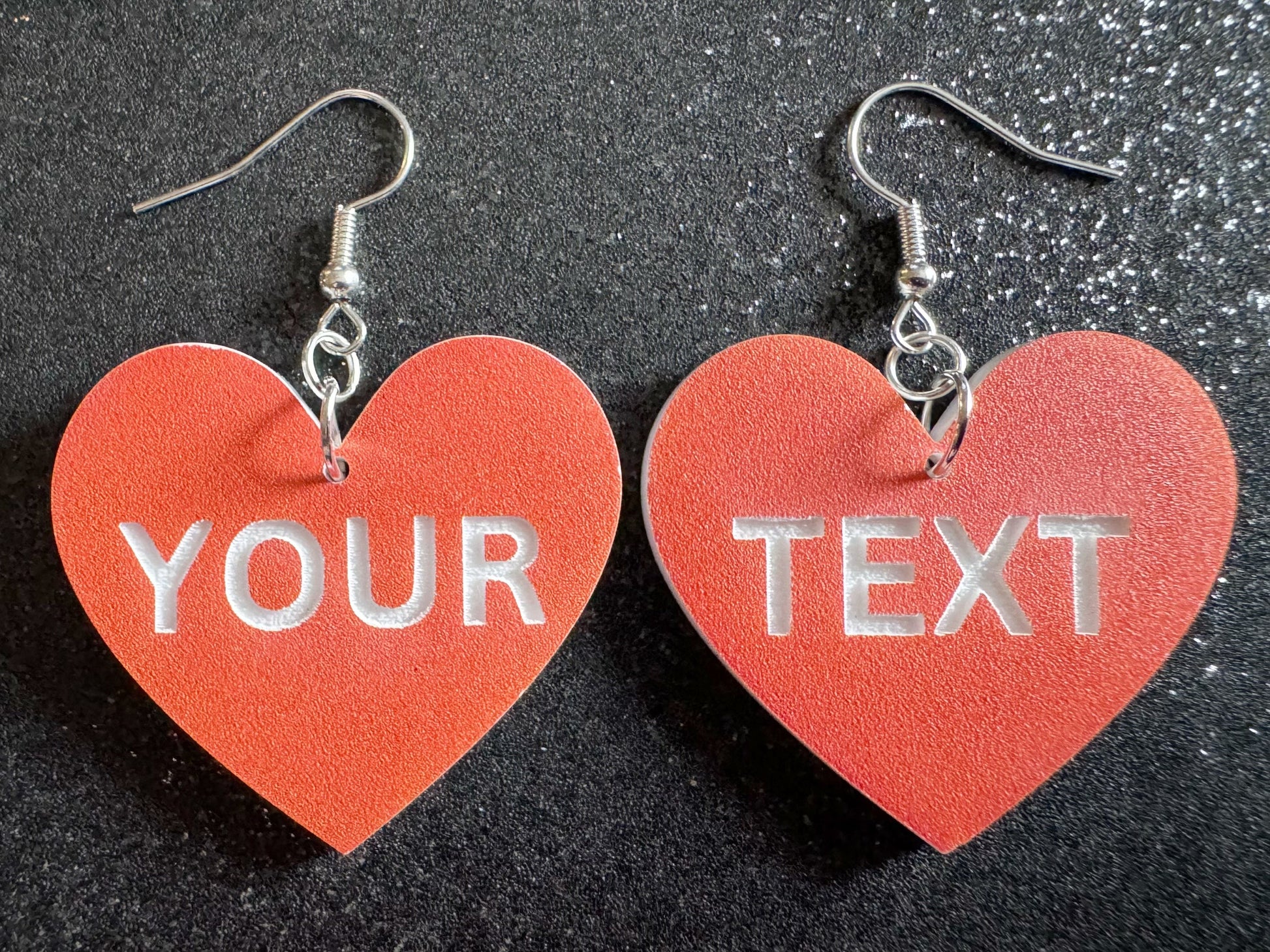 Custom Text Earrings: Laser Engraved Words, Orange with White Text, Letters, Names, Teacher Gift, Anniversary, Best Gifts for Her/Him/Them