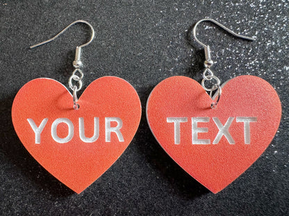 Custom Text Earrings: Laser Engraved Words, Orange with White Text, Letters, Names, Teacher Gift, Anniversary, Best Gifts for Her/Him/Them