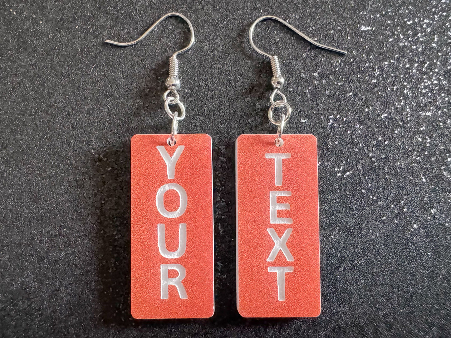 Custom Text Earrings: Laser Engraved Words, Orange with White Text, Letters, Names, Teacher Gift, Anniversary, Best Gifts for Her/Him/Them