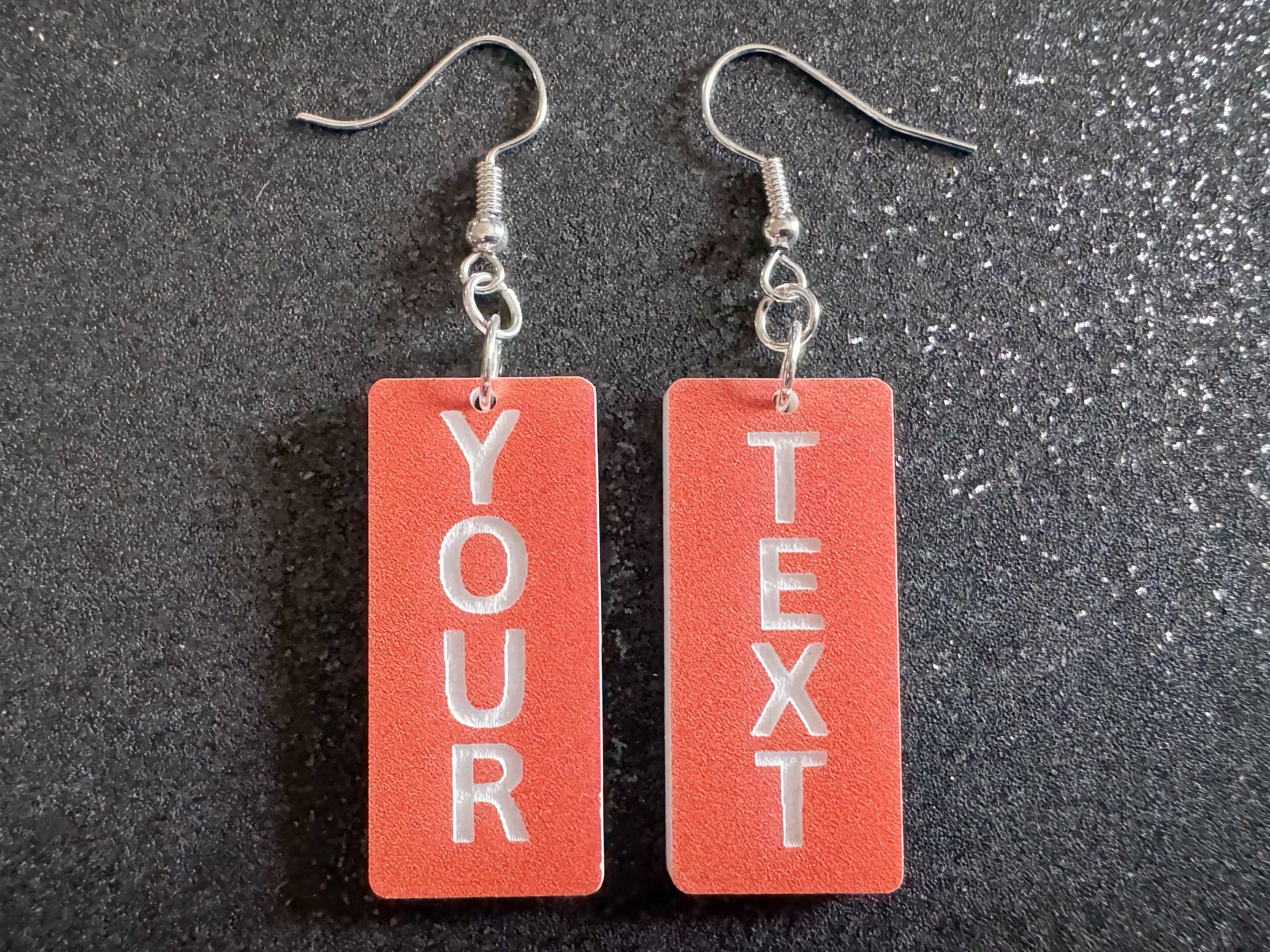 Custom Text Earrings: Laser Engraved Words, Orange with White Text, Letters, Names, Teacher Gift, Anniversary, Best Gifts for Her/Him/Them