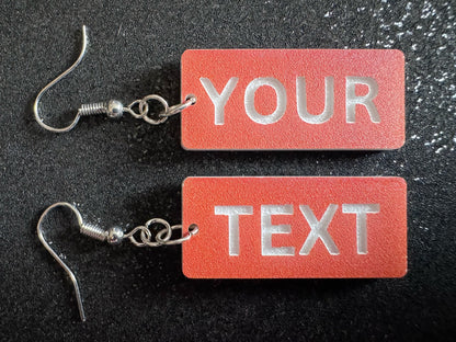 Custom Text Earrings: Laser Engraved Words, Orange with White Text, Letters, Names, Teacher Gift, Anniversary, Best Gifts for Her/Him/Them