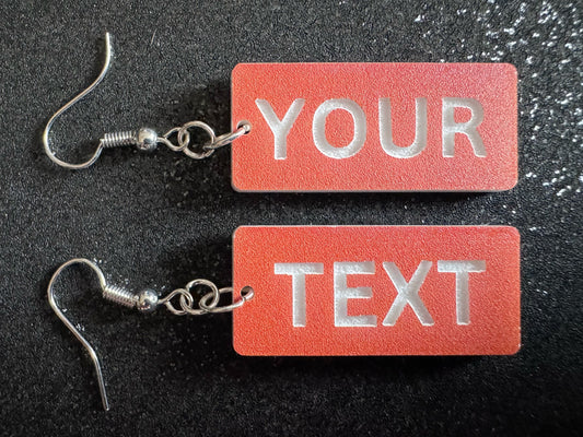 Custom Text Earrings: Laser Engraved Words, Orange with White Text, Letters, Names, Teacher Gift, Anniversary, Best Gifts for Her/Him/Them