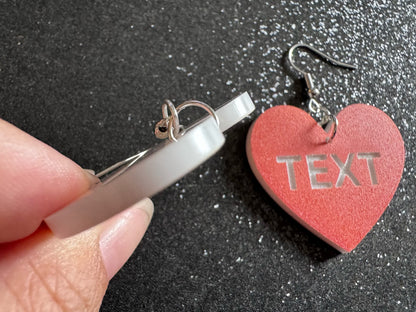 Custom Text Earrings: Laser Engraved Words, Orange with White Text, Letters, Names, Teacher Gift, Anniversary, Best Gifts for Her/Him/Them